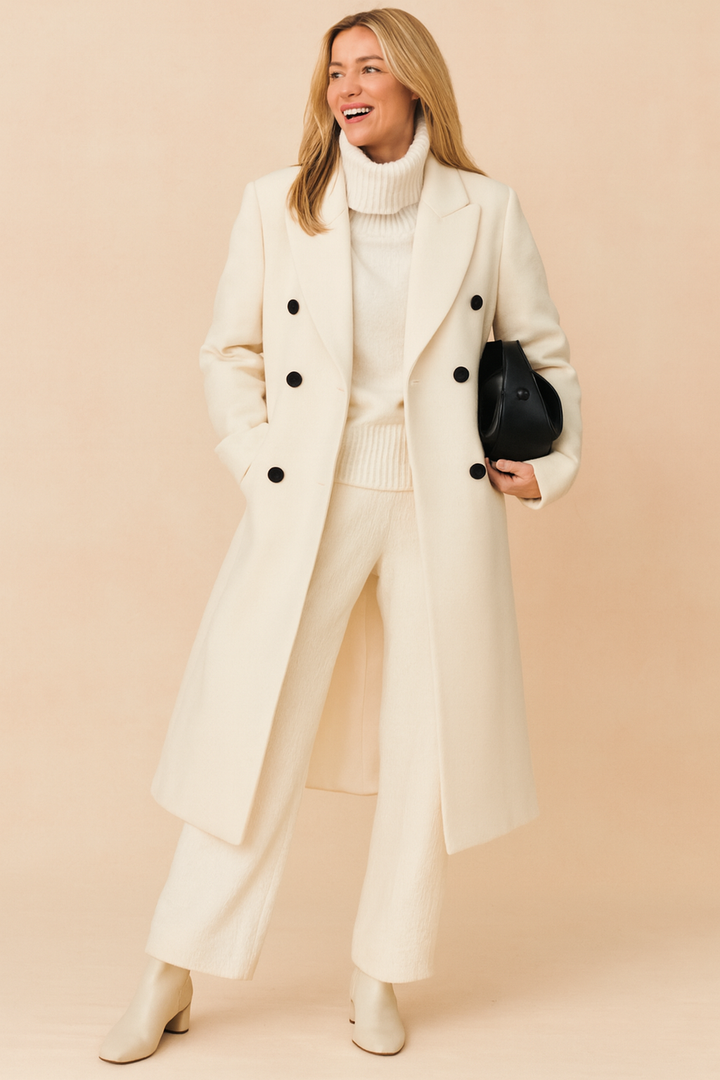 Women's classic double-breasted long coat, a sophisticated winter jacket for fall/winter elegant fashion style.