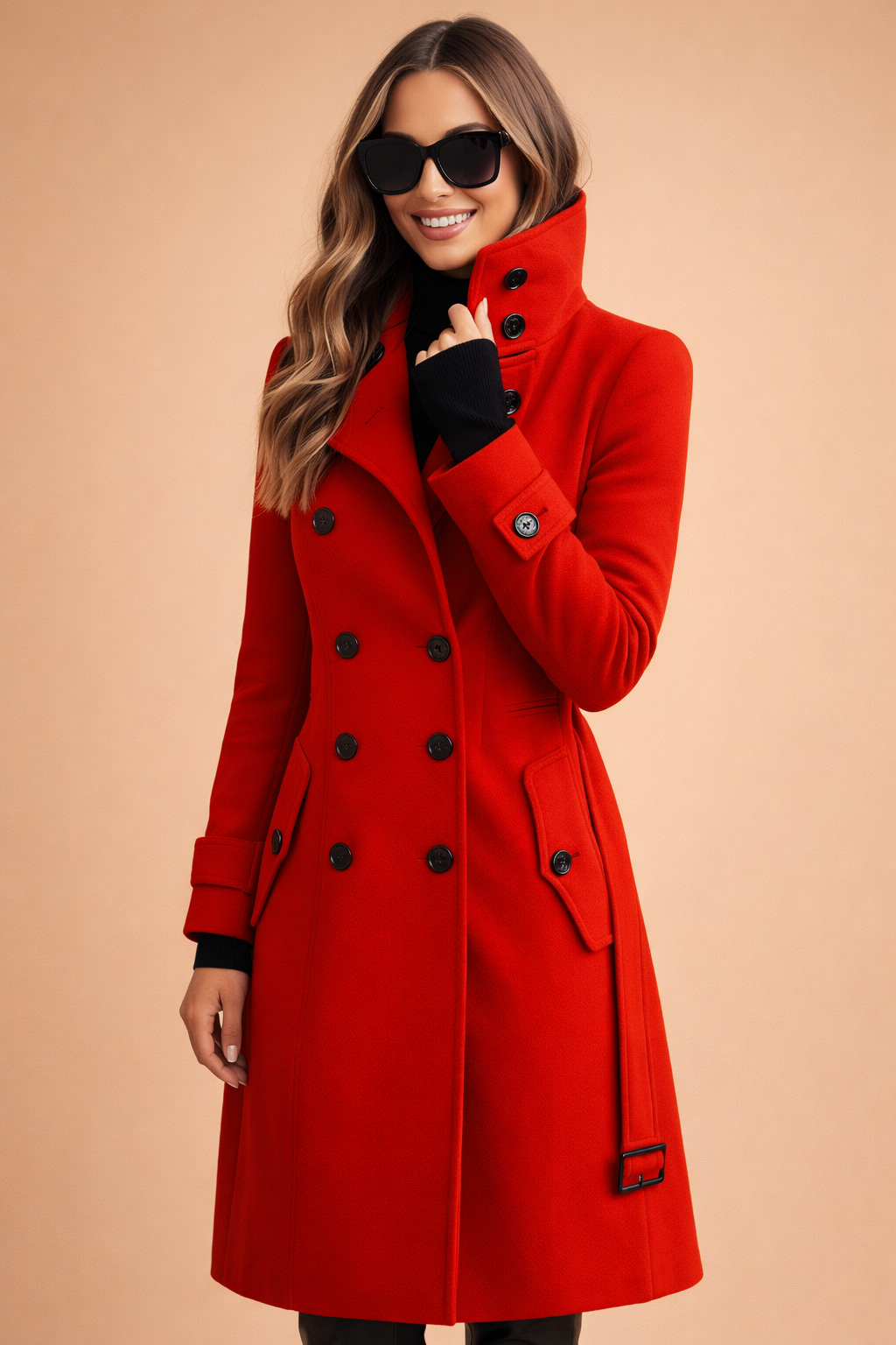 Elegant women's double-breasted long winter coat with high neck. Perfect for fall fashion, a classic structured outerwear.