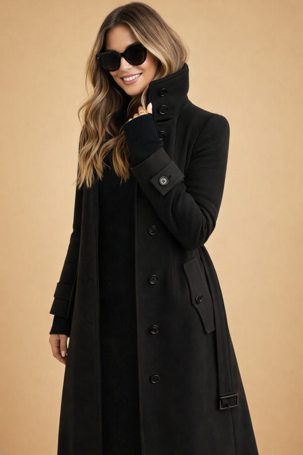 Women's double-breasted long winter coat, high neck design. Elegant fall fashion outerwear, a classic structured jacket.
