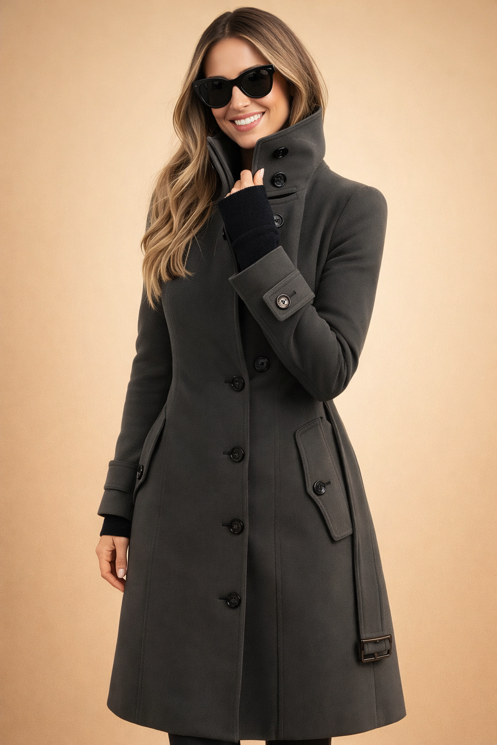 Classic women's double-breasted long winter coat with a high neck. Structured and elegant outerwear for fall fashion.