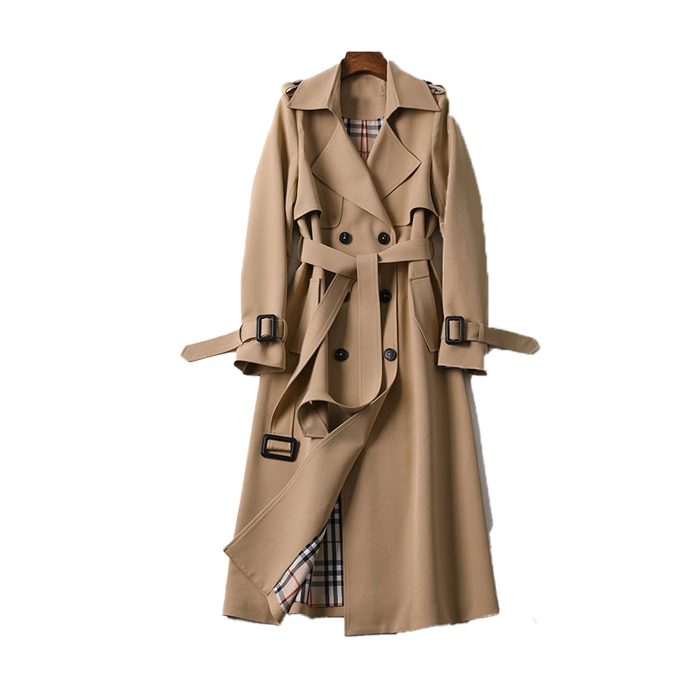Elegant women's double-breasted trench coat with a stylish belt, perfect for classic fall and winter fashion.