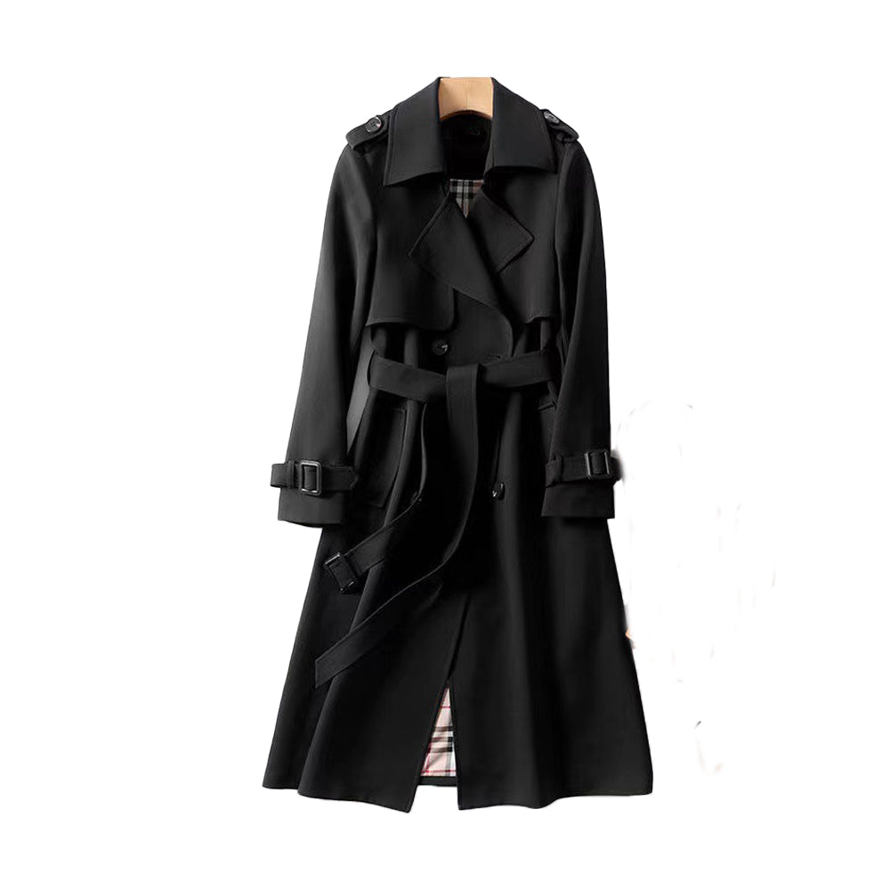 Sophisticated women's double-breasted trench coat featuring a chic belt, ideal for versatile fall outerwear.