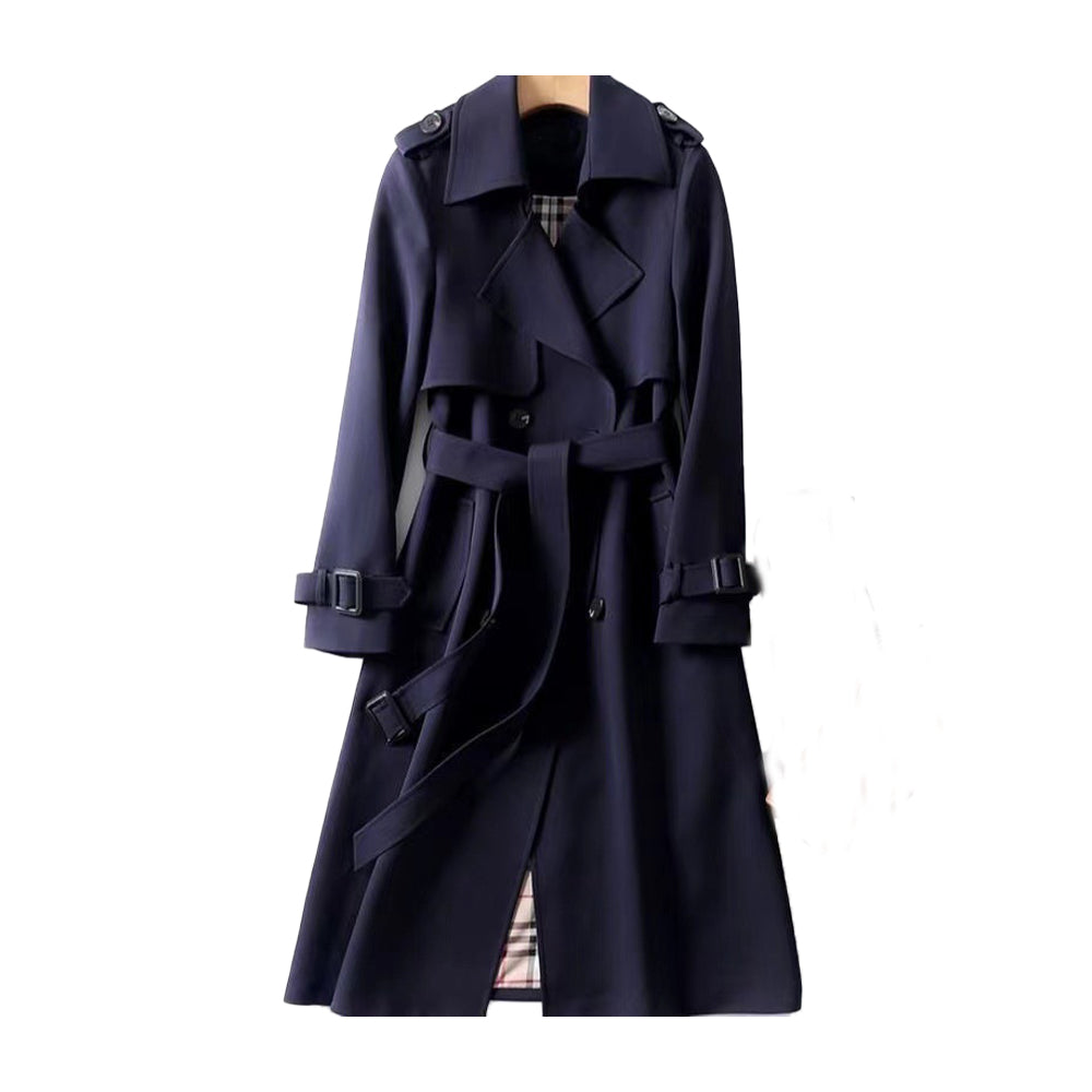 Classic women's winter trench coat, double-breasted design with a belt, offering fashionable and elegant style.