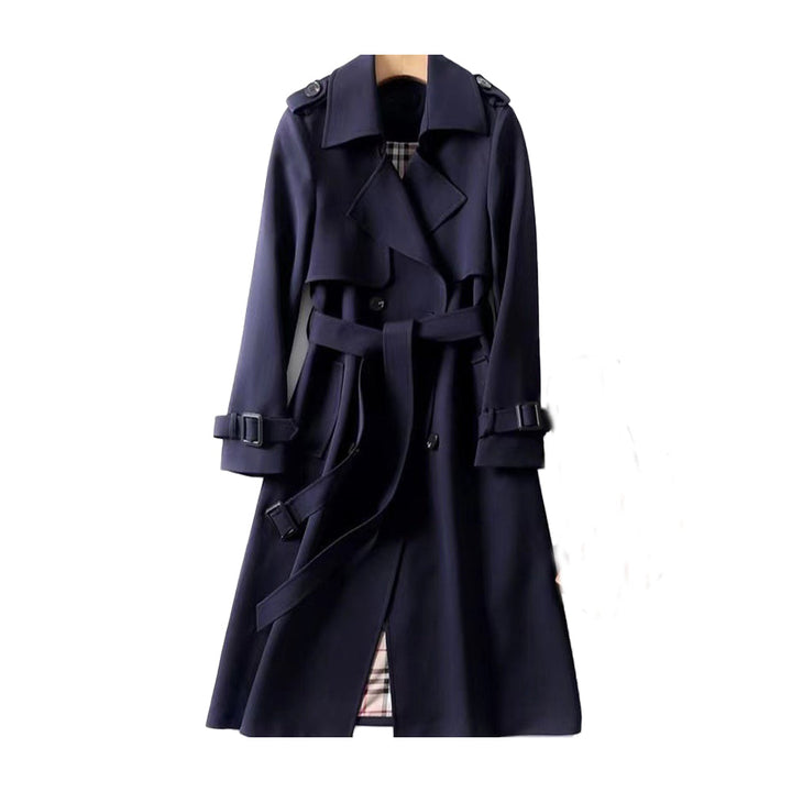 Classic women's winter trench coat, double-breasted design with a belt, offering fashionable and elegant style.