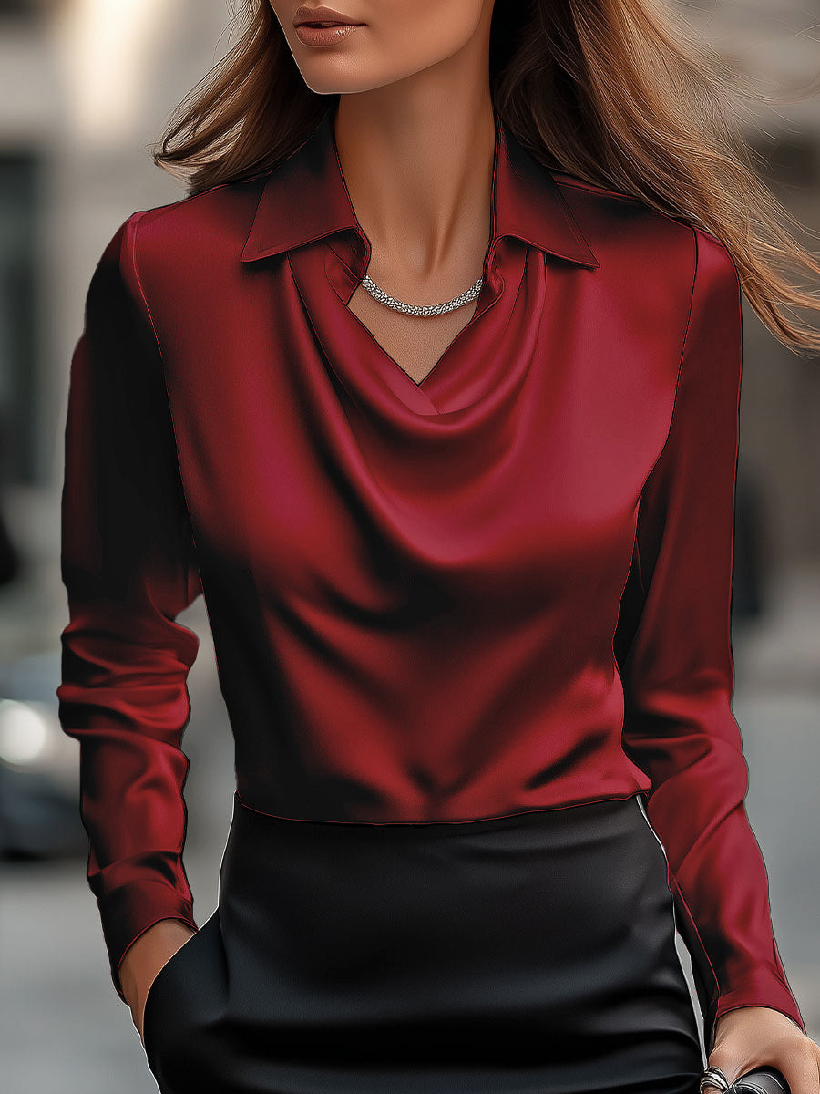 Professional women's long sleeve blouse with a chic draped neckline, ultimate elegance.