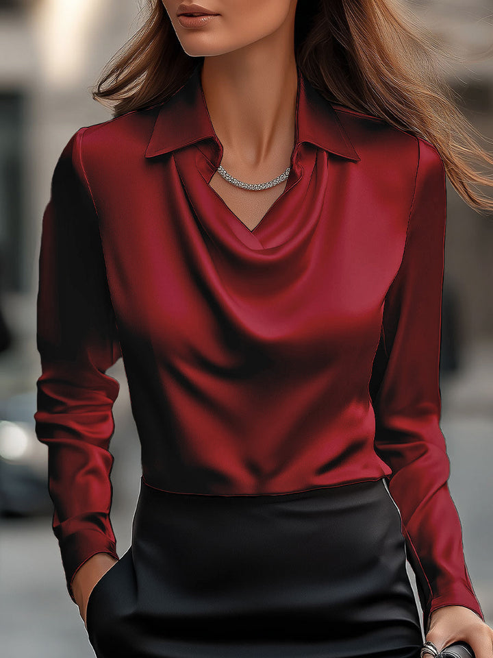 Professional women's long sleeve blouse with a chic draped neckline, ultimate elegance.