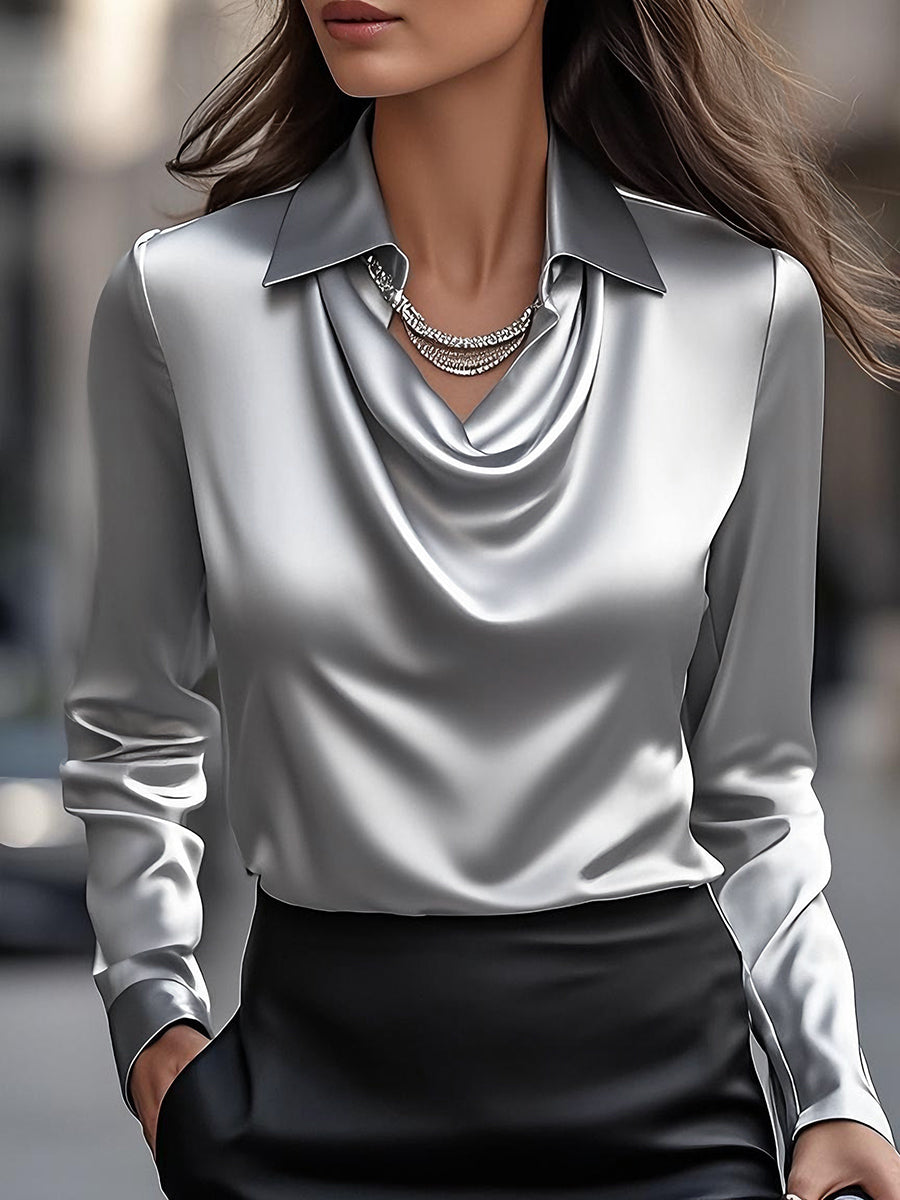 Chic women's long sleeve blouse with a stylish drape neck, ideal for office wear.