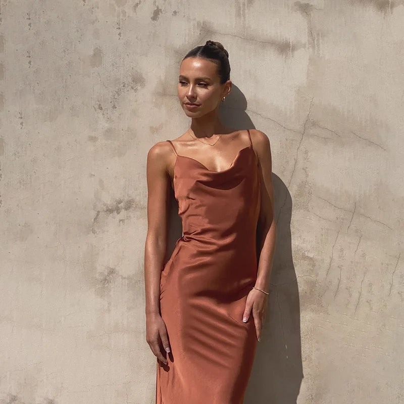 Sophisticated women's maxi dress with draped neck, a perfect elegant outfit for special occasions and parties.