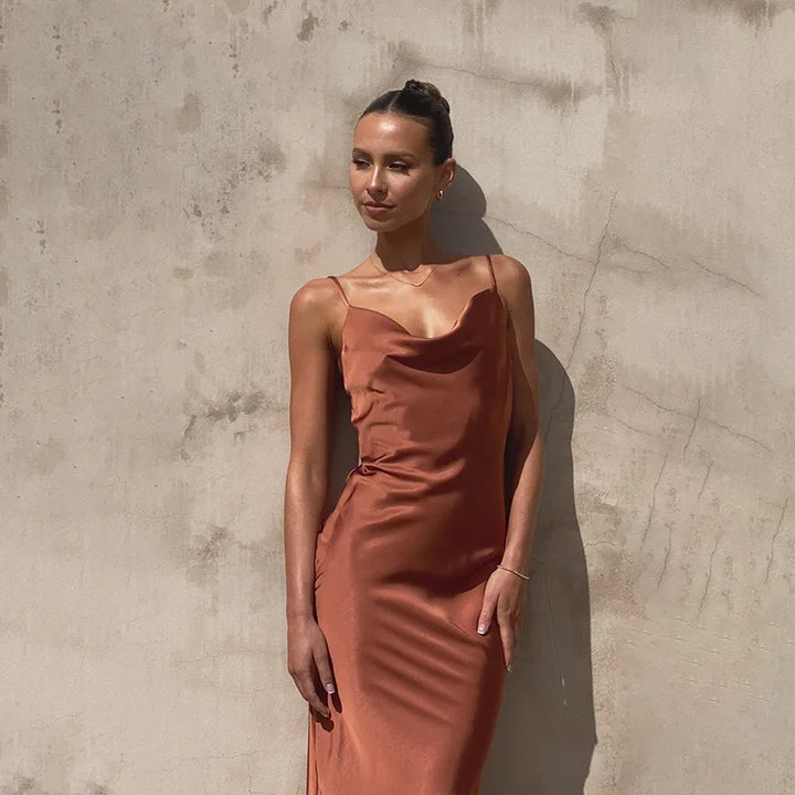 Sophisticated women's maxi dress with draped neck, a perfect elegant outfit for special occasions and parties.