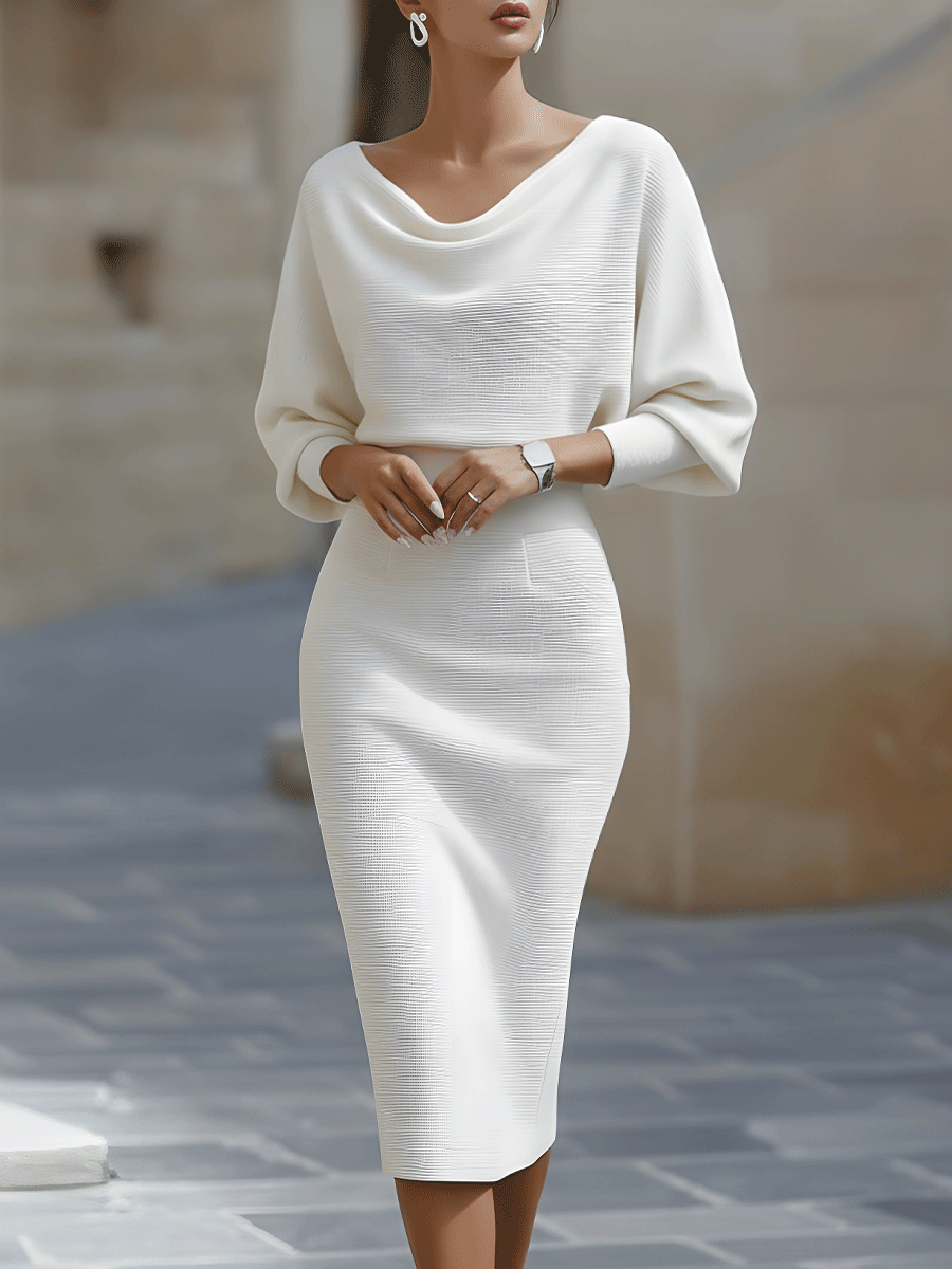 Elegant women's draped midi dress with sophisticated batwing sleeves, perfect for evening wear or work.