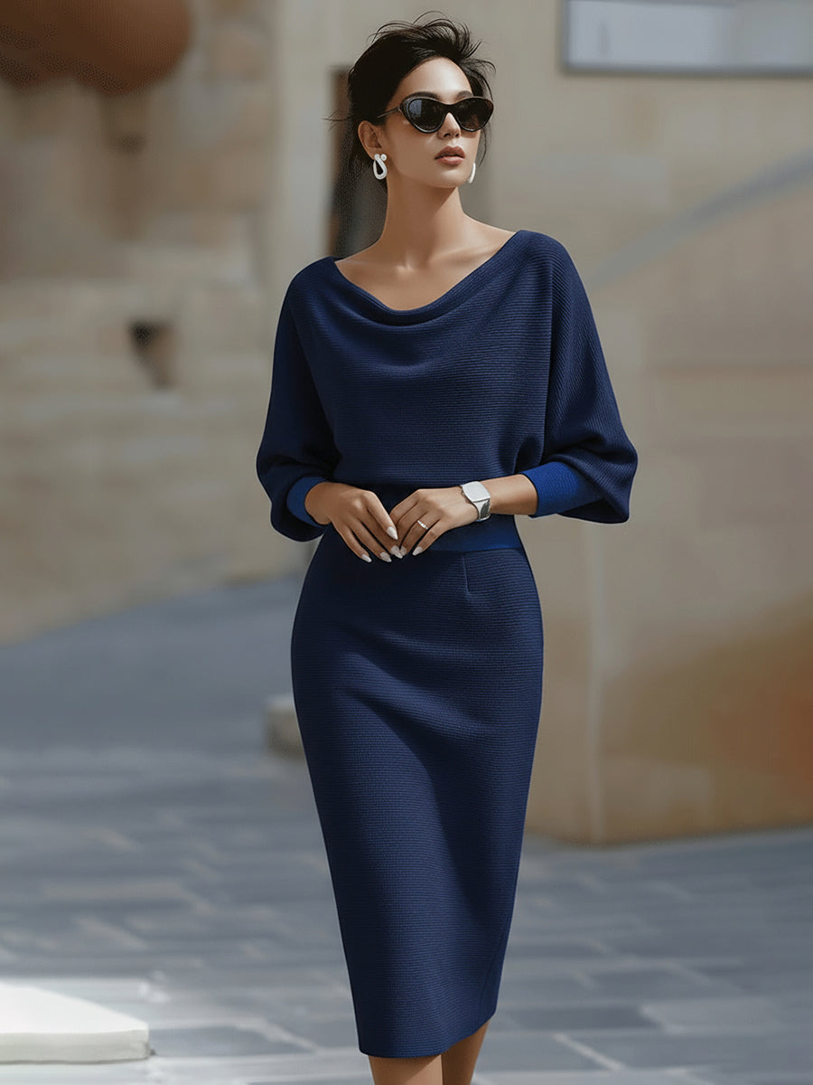 Sophisticated long sleeve midi dress featuring elegant batwing sleeves and a flattering draped design for women.