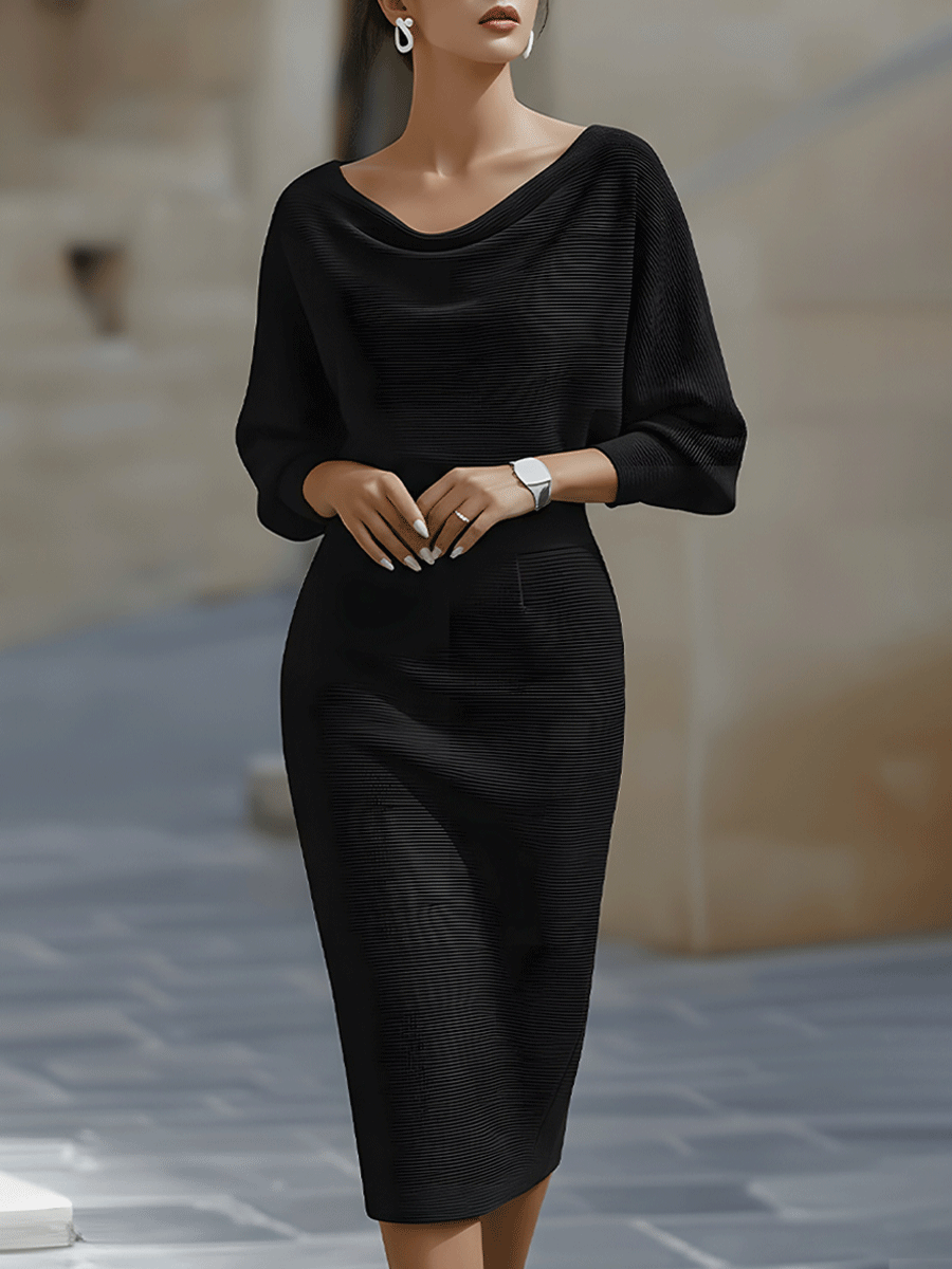Timeless elegant midi sheath dress for women with graceful drapes and distinctive batwing long sleeves.