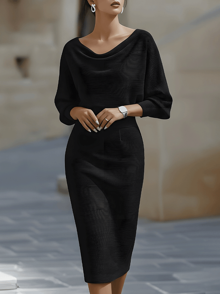 Timeless elegant midi sheath dress for women with graceful drapes and distinctive batwing long sleeves.