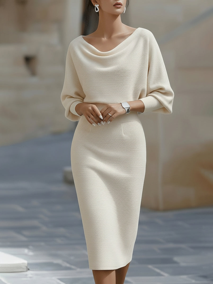 Women's elegant draped midi dress with unique batwing sleeves, ideal for sophisticated evening or work attire.
