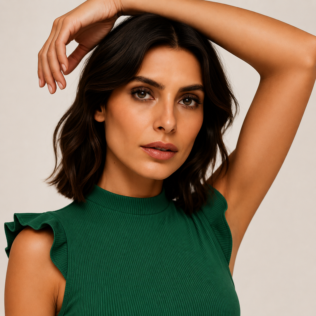 Sleeveless emerald green jumpsuit for women, featuring a stylish mock neck and flowing wide legs, perfect for a sophisticated party.