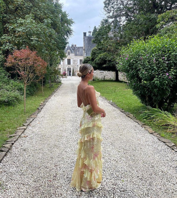 Women's romantic flowing ruffle maxi dress, an elegant gown perfect for evening parties, summer events & occasions.
