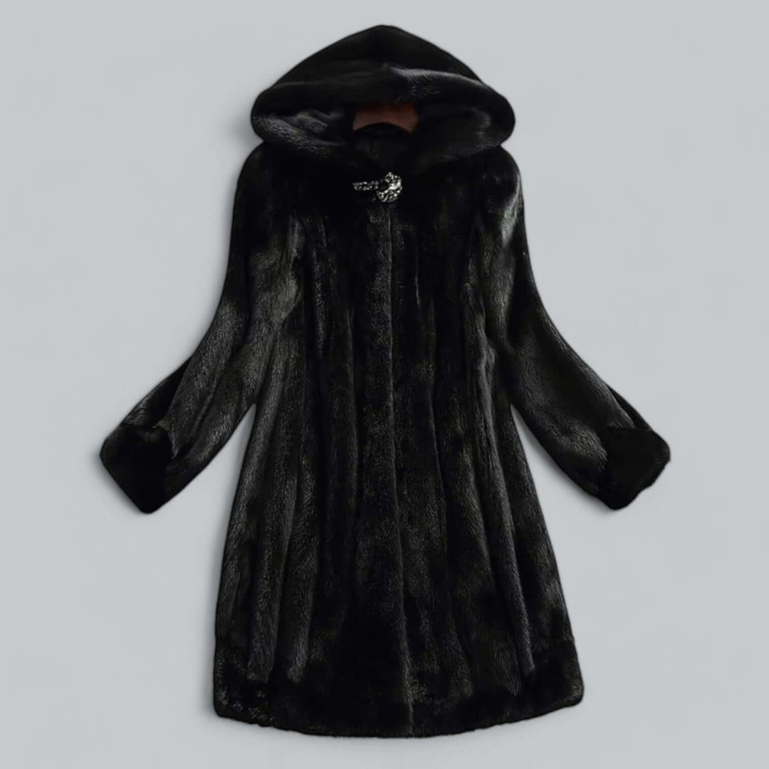 Elegant women's faux fur long winter coat, hooded. Stylish & warm luxury outerwear for cold weather.