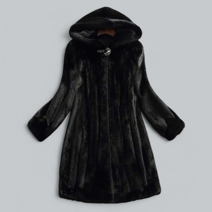Elegant women's faux fur long winter coat, hooded. Stylish & warm luxury outerwear for cold weather.