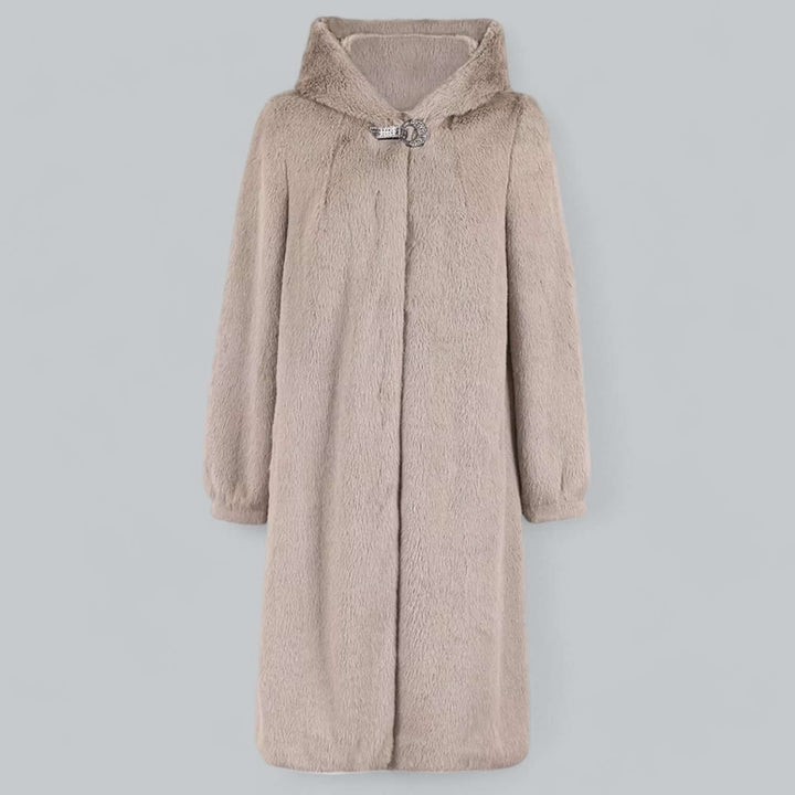 Stylish khaki women's faux fur hooded long winter coat. Elegant & warm outerwear for cold weather fashion.