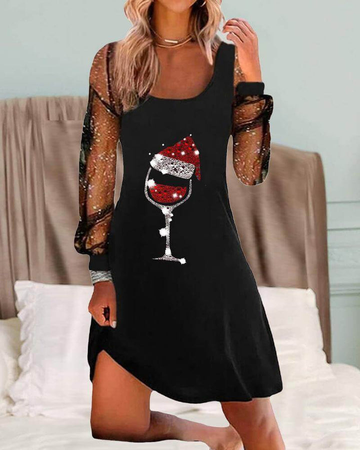 Elegant women's festive dress with wine glass print, perfect for holiday parties & celebrations.