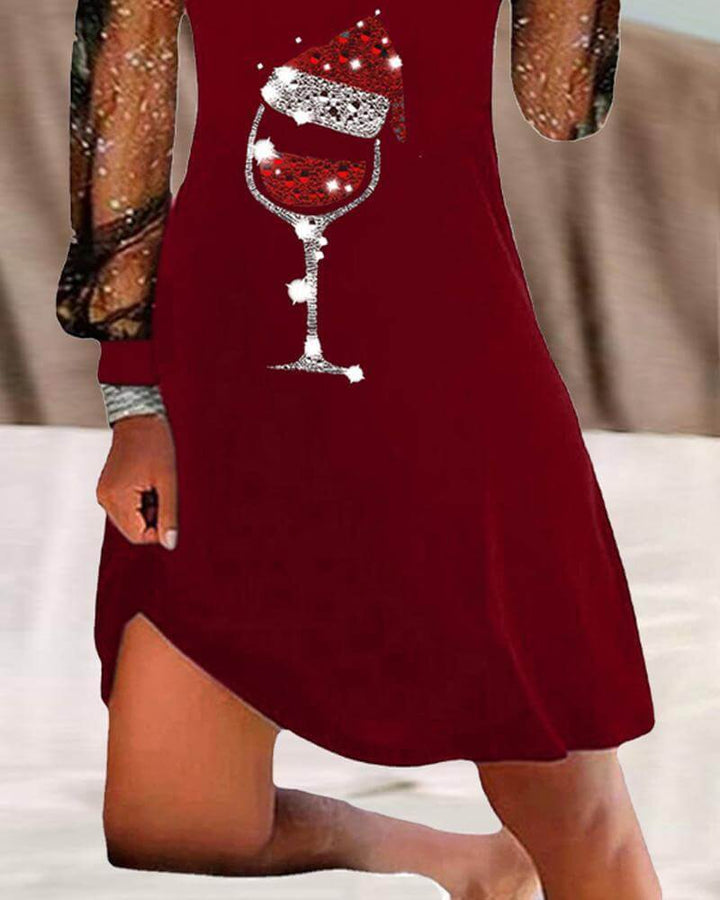 Sophisticated women's elegant dress showcasing a fun wine glass print, suitable for special occasions.