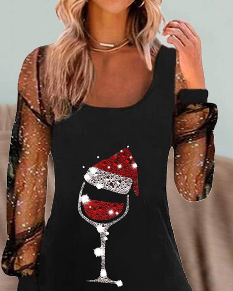 Women's festive wine glass print dress, an elegant choice for holiday parties and celebration wear.