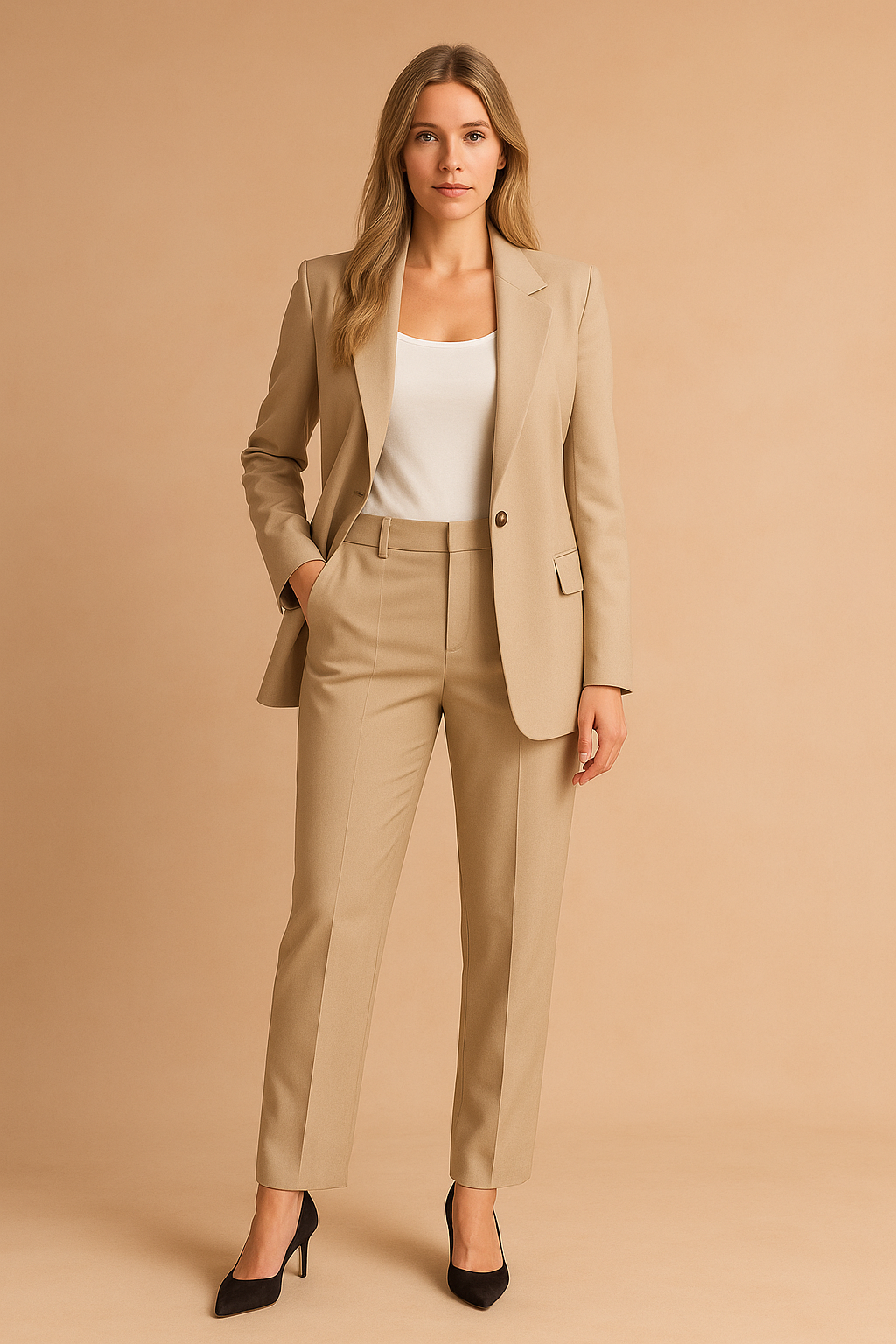 Elegant women's fitted blazer suit in a modern style, perfect for professional office wear & formal attire.