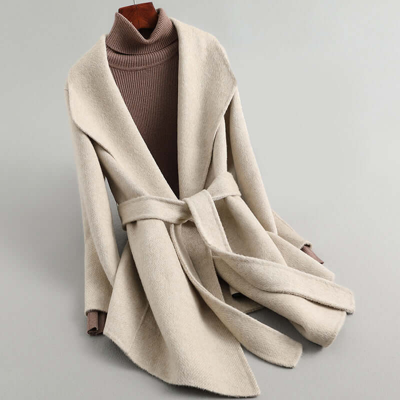 Chic women's wool blend double-breasted tailored blazer, ideal for business attire & stylish outfits.