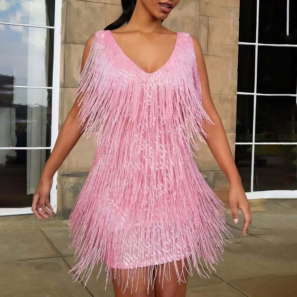 Women's sleeveless flapper dress with deep V-neck & flowing fringe, a chic choice for elegant evenings.