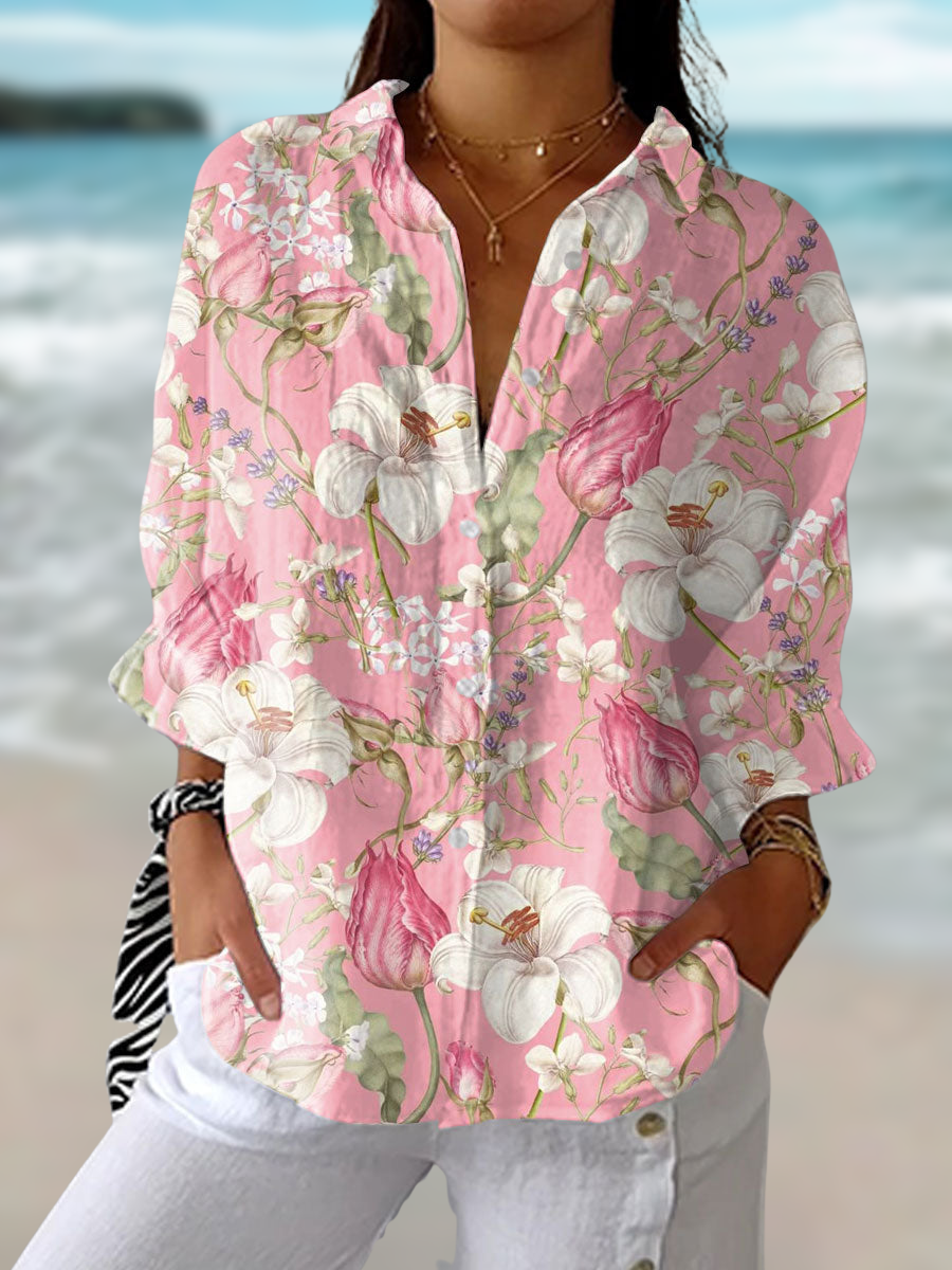 Elegant women's floral bloom blouse, perfect for spring/summer fashion. Stylish & versatile for office or casual wear.