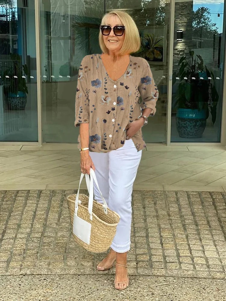 Feminine women's floral print blouse for effortless casual or elegant style. Comfortable lightweight summer top.