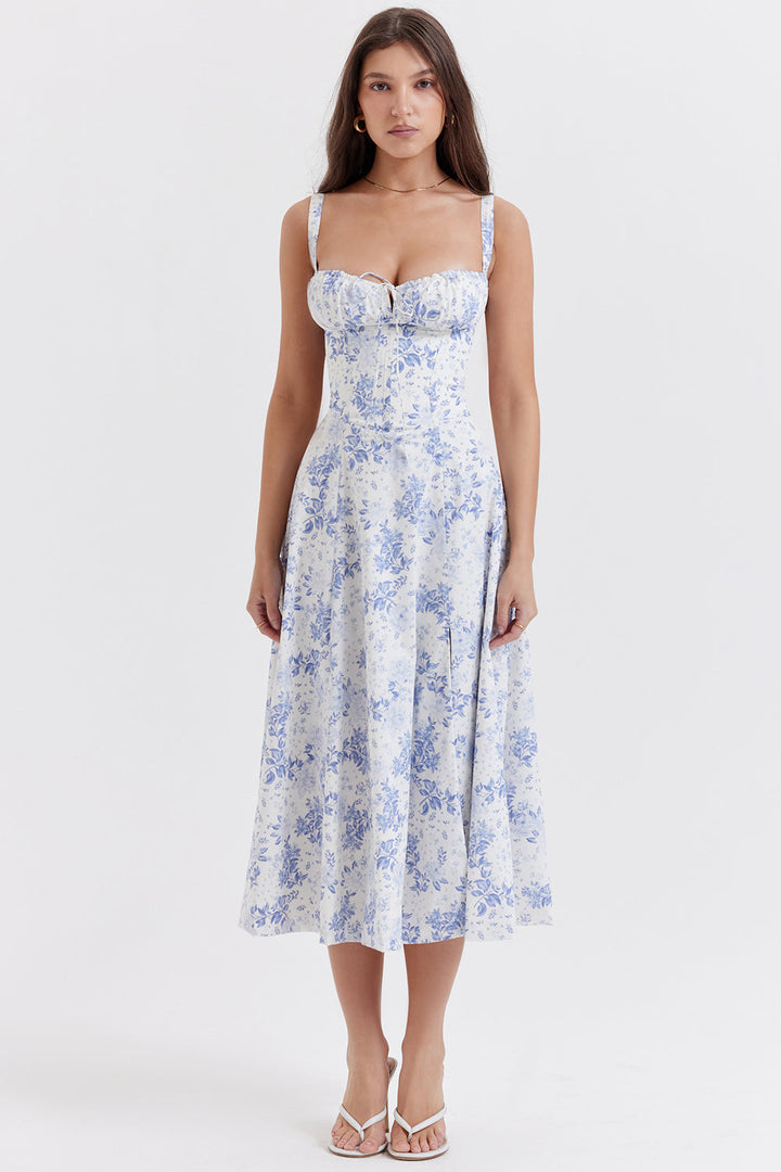 Stylish women's floral bustier dress, offering an elegant & flattering waist-shaping design for chic events.