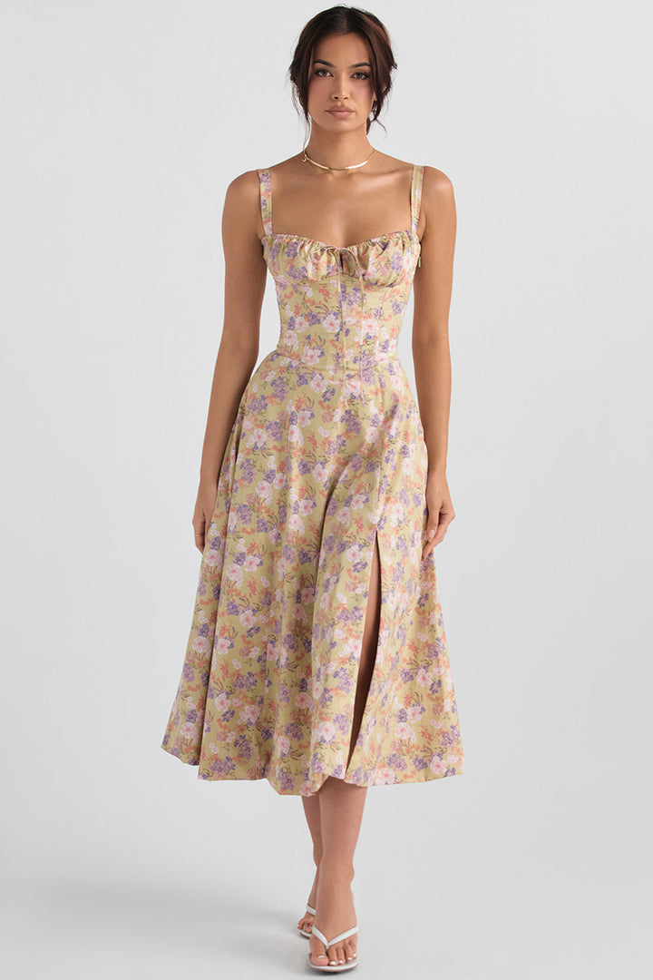 Stylish women's midi floral dress with a sophisticated bustier and accentuating waist-shaping detail.