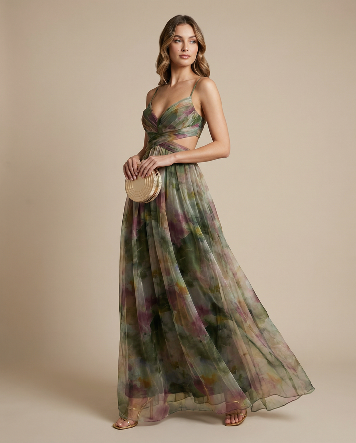 Sophisticated women's floral evening gown, a graceful maxi dress for any formal party or event.