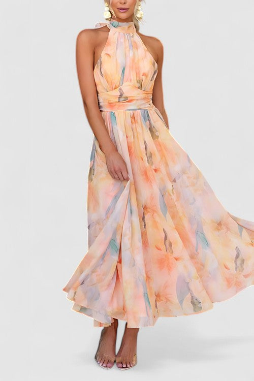 Elegant women's floral halter neck maxi dress, perfect for summer parties, wedding guests, or vacation wear. Long, flowing.