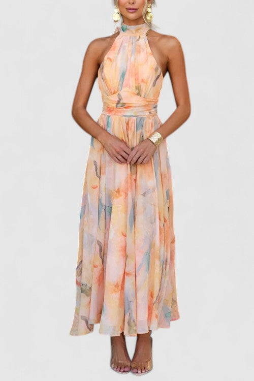 Chic women's sleeveless floral halter maxi dress for elegant summer style. Ideal for parties, weddings & vacation.