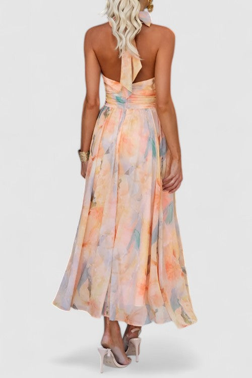 Beautiful floral print halter neck long dress for women, offering elegant summer fashion, perfect for any special occasion.