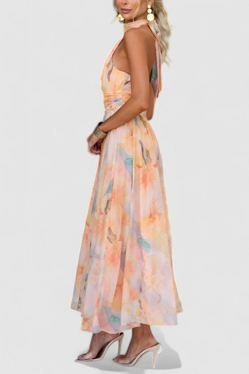 Stylish women's floral maxi dress with halter neck, a sophisticated choice for summer elegant parties & vacation outfits.