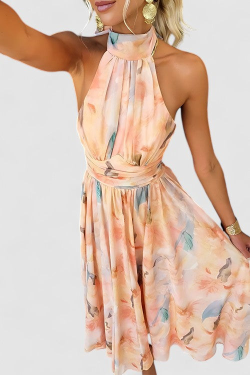 Women's elegant floral print maxi dress featuring a chic halter neck, ideal for summer weddings, parties, and holidays.