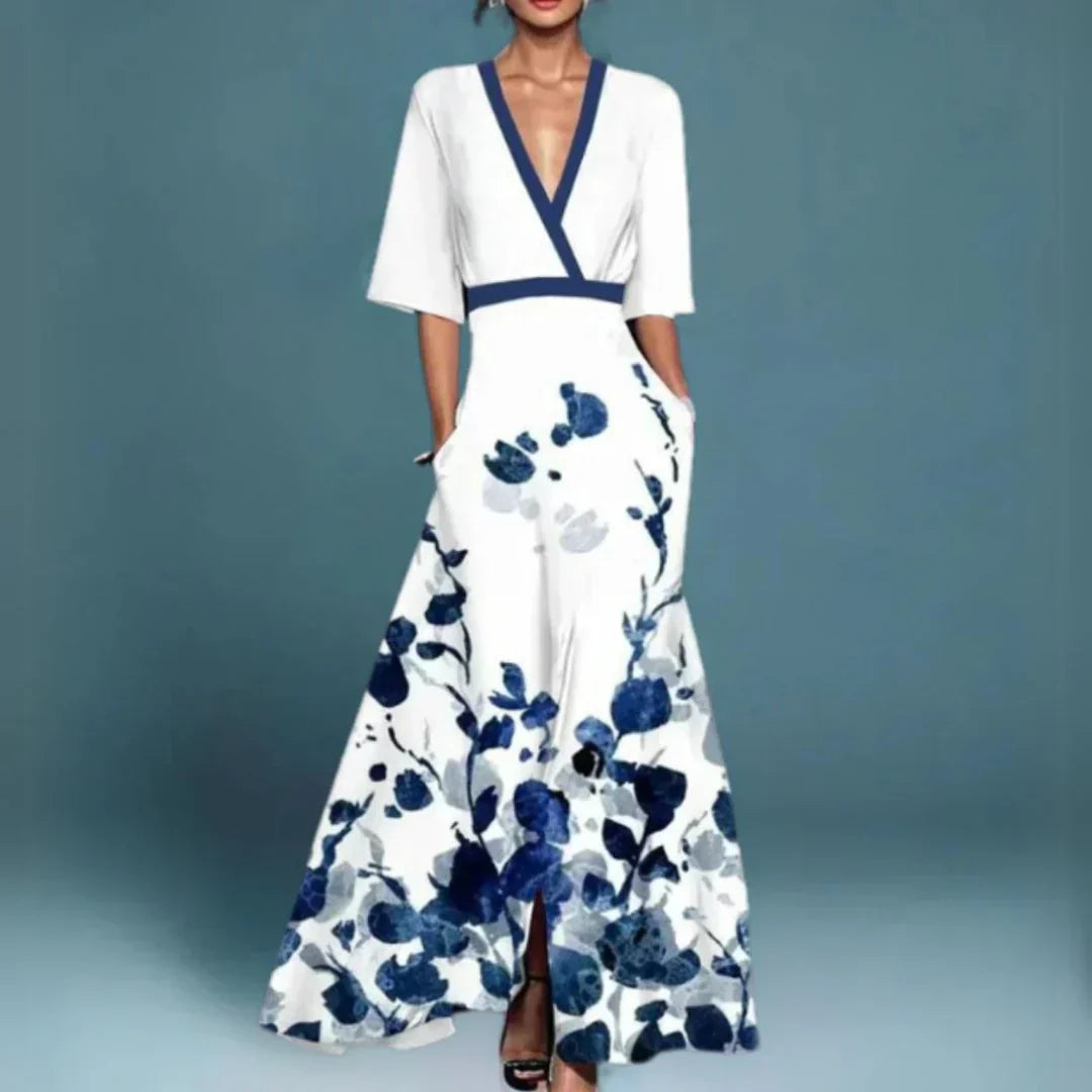 Flattering women's long floral maxi dress. Comfortable, versatile spring/summer fashion with an elegant pattern.