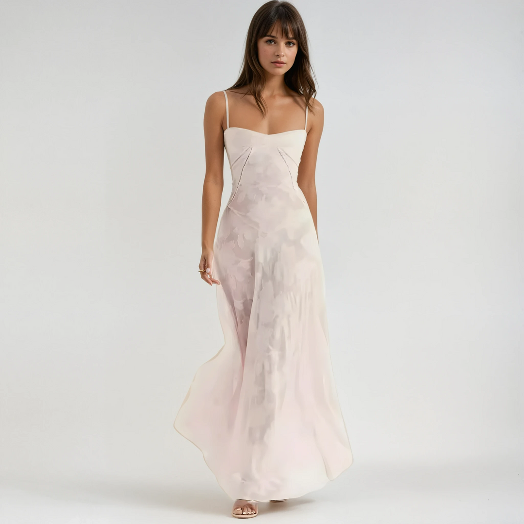 Elegant women's floral maxi dress with A-line skirt, perfect for wedding guests & formal occasions.