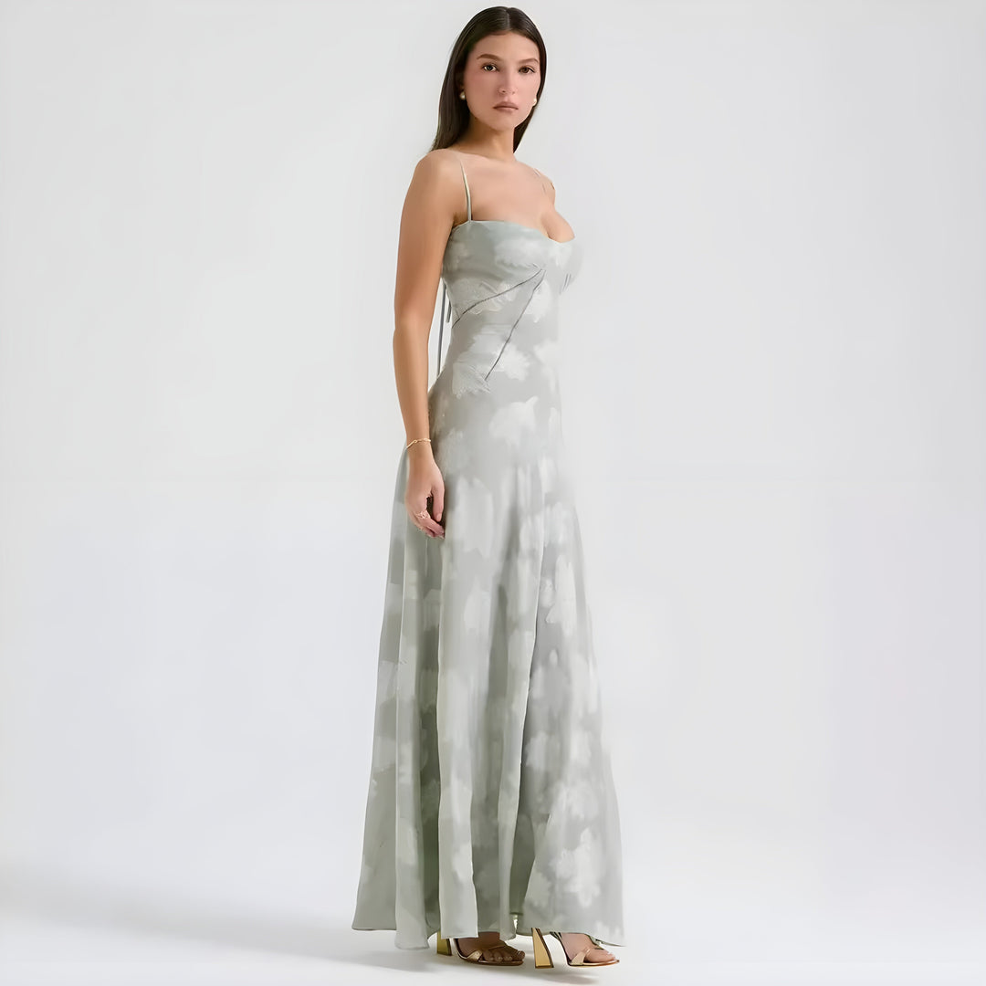 Formal A-line maxi dress for women featuring delicate floral pattern, suitable for special occasions.