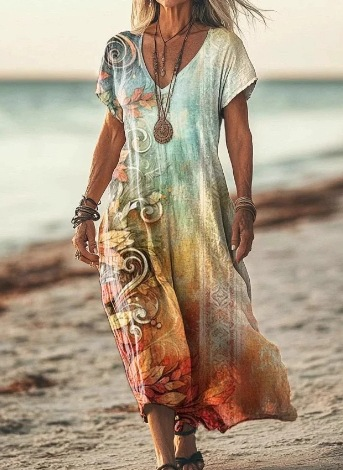 Trendy women's floral midi dress, bringing elegance to your summer and spring style.