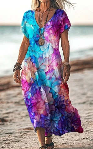 Elegant women's floral midi dress, designed for comfort and style in spring & summer.