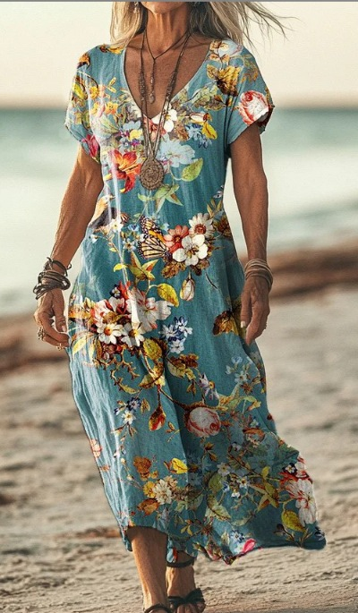 Women's versatile floral midi dress, great for both casual and elegant spring summer wear.