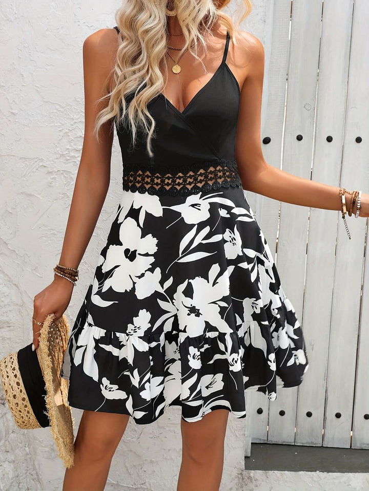 Versatile women's floral midi dress with a trendy ruffle hem, suitable for casual or elegant occasions.