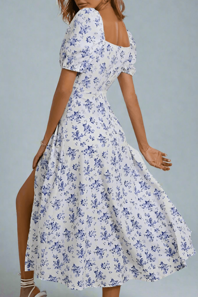 Elegant women's floral midi dress with V-neck & tie-waist. Perfect summer casual or party dress with puff sleeves.