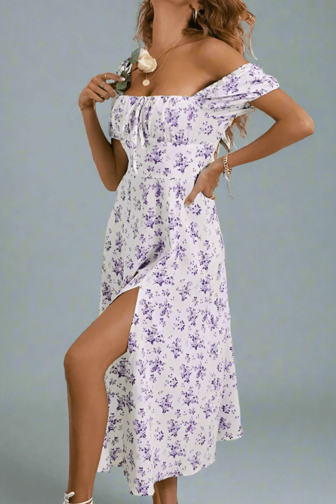 Women's elegant floral midi dress with V-neck, tie-waist. Stylish puff sleeve summer casual & party dress.