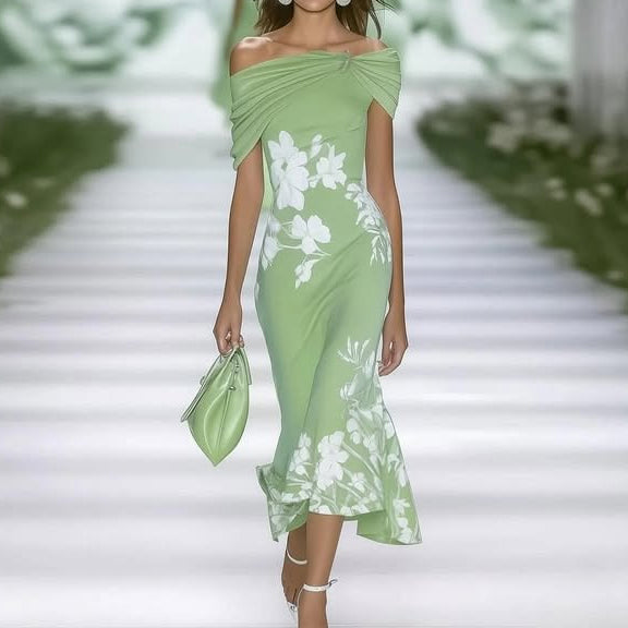 Elegant women's floral off-shoulder midi dress with a fitted waist, perfect for summer parties & special occasions.