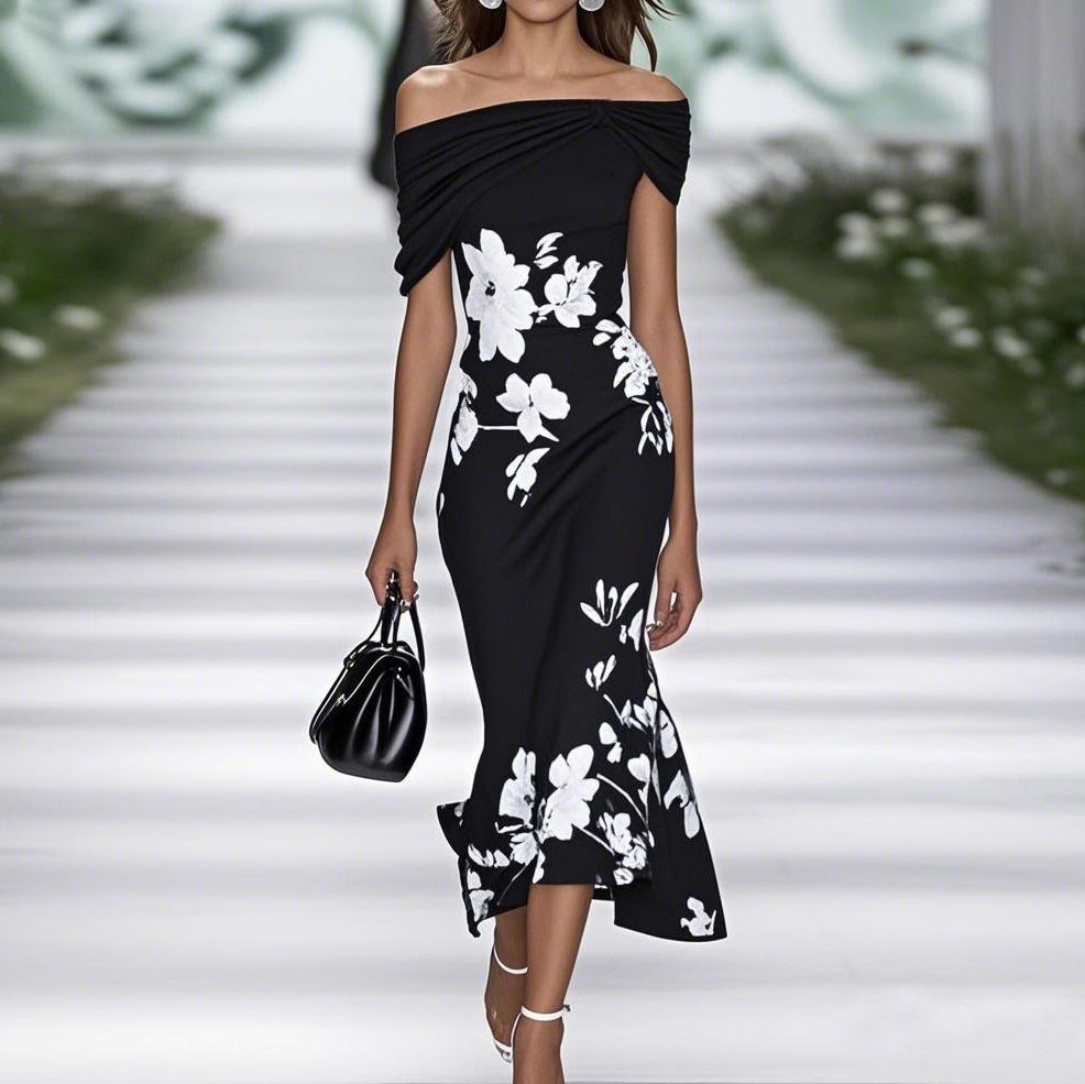 Stylish women's off-shoulder midi dress featuring a vibrant floral print and elegant fitted waist design.
